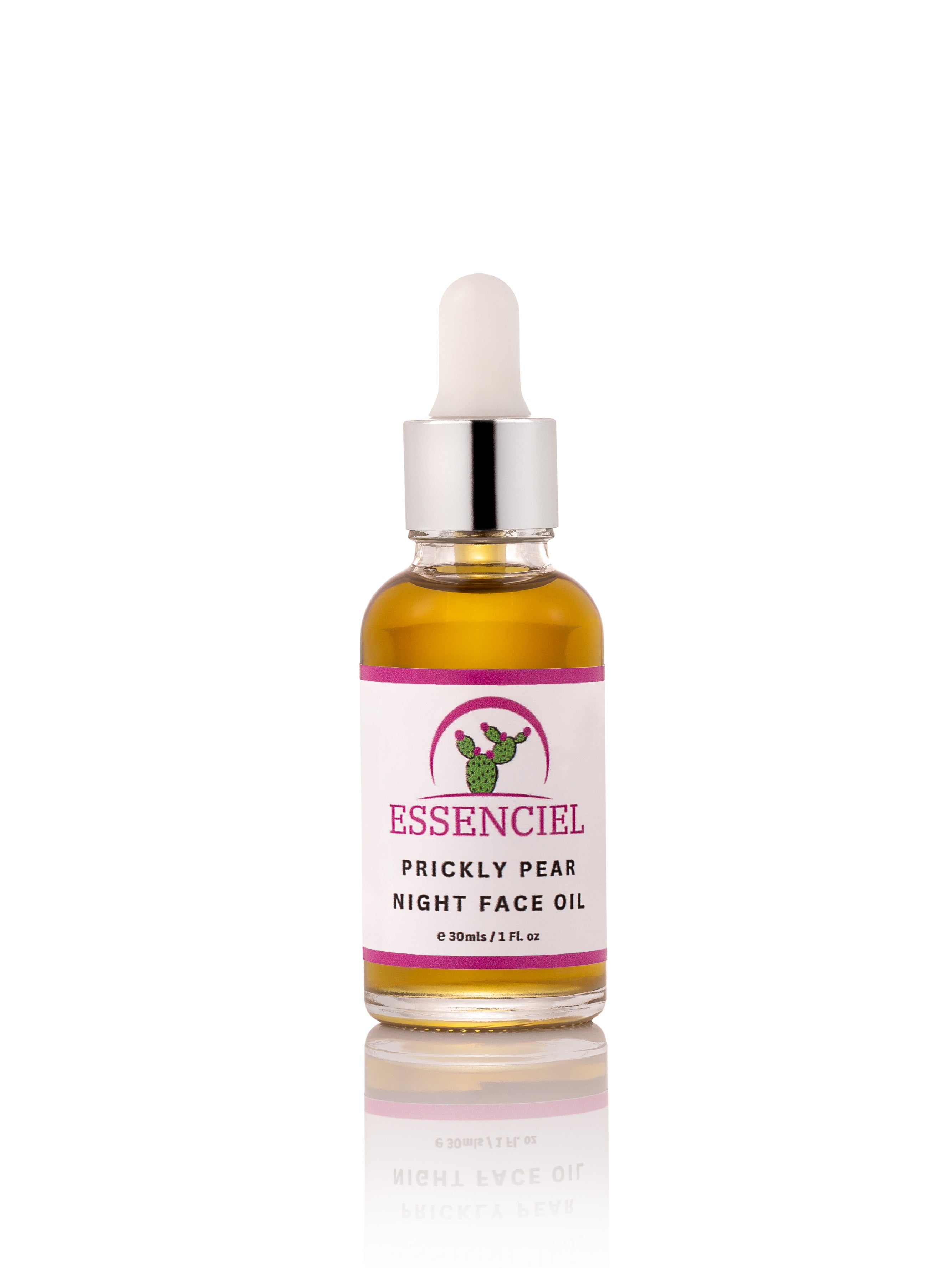 Organic prickly pear seed oil in elegant glass bottle with eco-friendly packaging box.