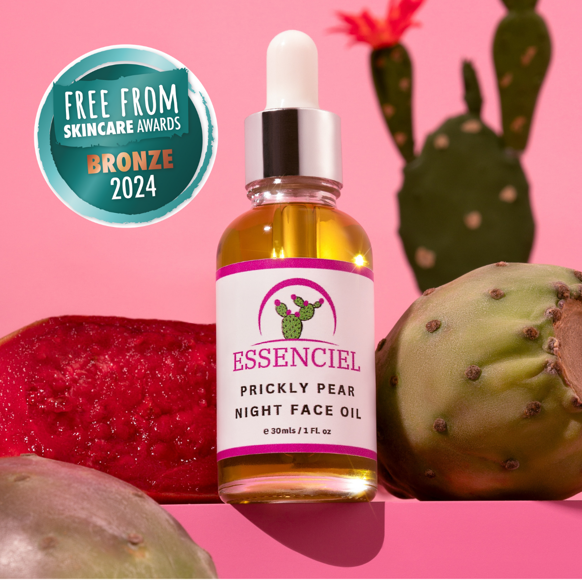 Prickly pear seed oil in a glass dropper bottle with dropper and product label